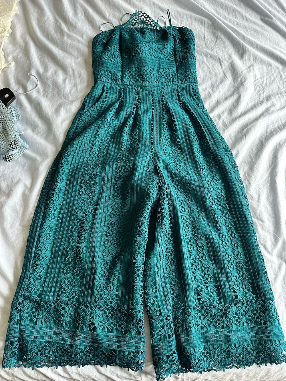 Greylin Teal Crochet Lace Halter Jumpsuit